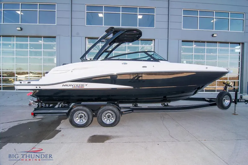 The Image of 2023 Monterey M6 boat on trailer outside Big Thunder Marine dealership. - 0