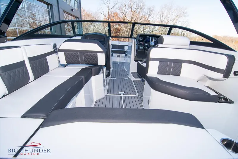 Slide: The Image of 2023 Monterey M6 boat interior with luxurious seating and modern design. - 23