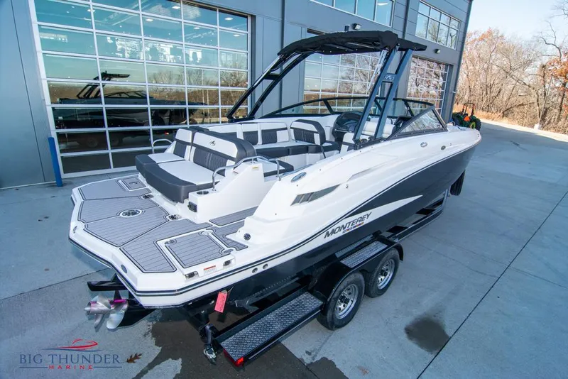 Slide: The Image of 2023 Monterey M6 boat on trailer outside dealership. - 6