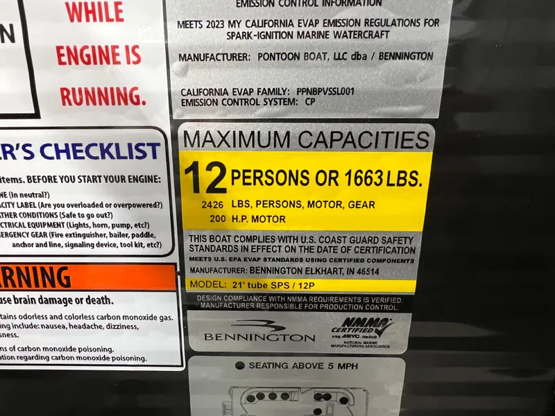 Slide: The Image of Bennington 22SXSRC 2023 capacity label: 12 persons or 1663 lbs, 200 HP motor. - 11