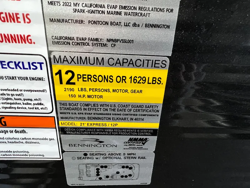 Slide: The Image of Capacity label for 2023 Bennington 22SXSB, max 12 persons or 1629 lbs, 150 HP motor. - 8