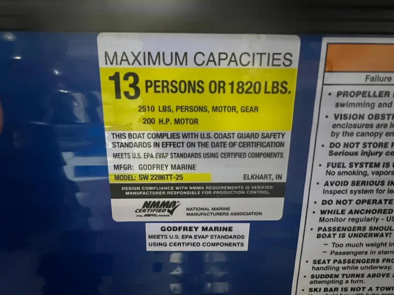 Slide: The Image of Capacity label for 2023 Godfrey SWEETWATER 2286 SFL, max 13 persons or 1820 lbs. - 10