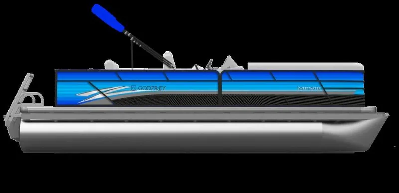 Slide: The Image of 2023 Godfrey SWEETWATER 2286 SFL pontoon boat, side view, blue and silver design. - 11