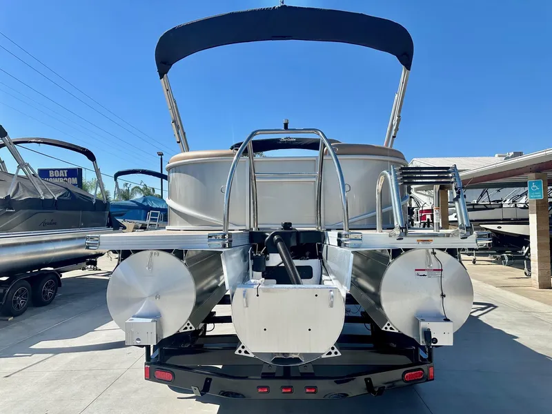 Slide: The Image of 2023 Barletta Cabrio 20Q pontoon boat with 150HP Mercury engine, rear view. - 3