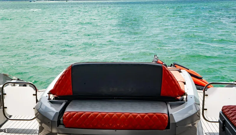 Slide: The Image of Azimut Atlantis 58 yacht's rear seating area overlooking the ocean, 2013 model. - 11