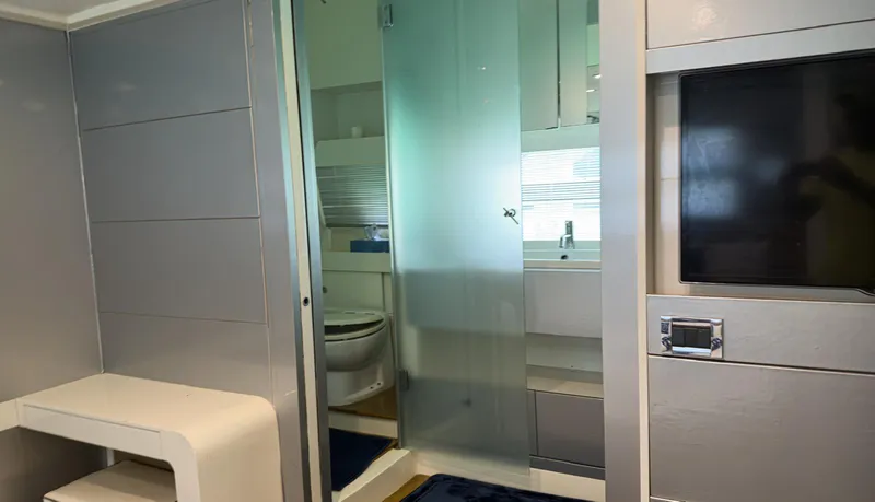 Slide: The Image of Interior of 2013 Azimut Atlantis 58 yacht featuring modern bathroom and sleek design elements. - 47
