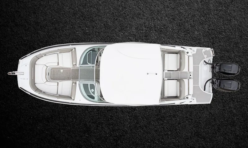 Slide: The Image of 2023 Crownline E305XS boat, top view, white and gray design, dual outboard motors. - 8