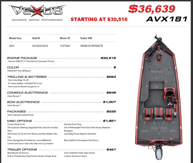 Slide: The Image of 2023 Vexus AVX181 boat specifications and pricing details. - 15