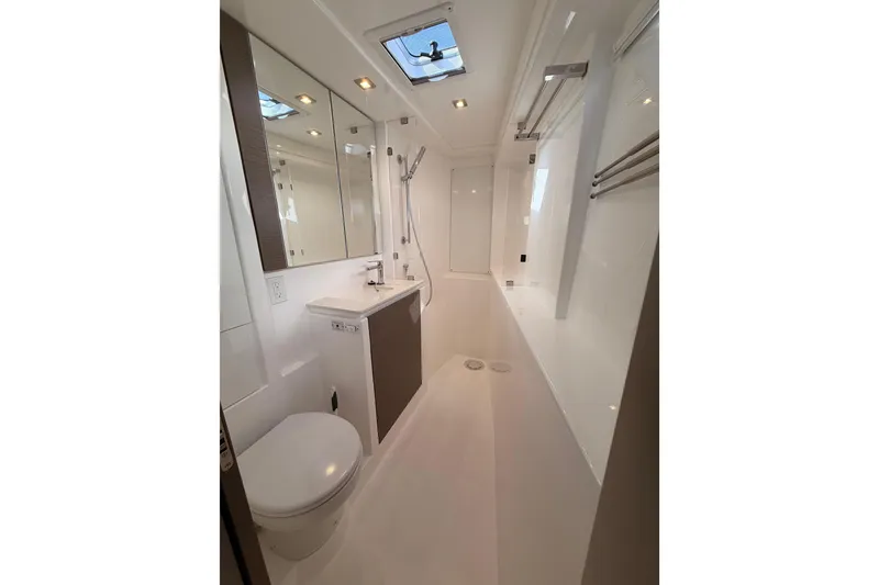 Slide: The Image of Modern bathroom interior on 2023 Leopard 50 yacht, featuring sleek design and fixtures. - 26