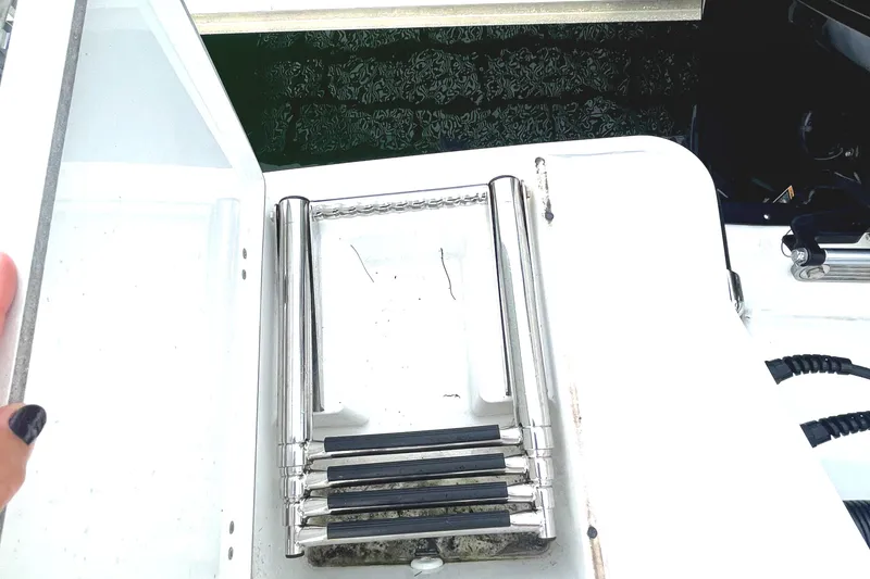 Slide: The Image of 2022 Monterey M225 boat with a folded stainless steel swim ladder. - 14
