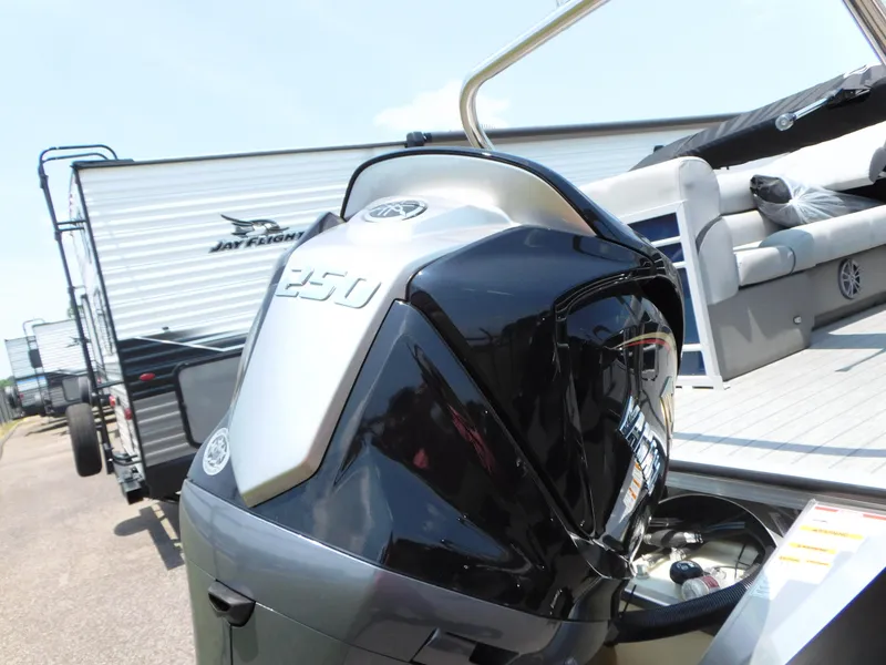 Slide: The Image of 2023 Veranda VTX22RC pontoon boat with powerful outboard motor. - 6