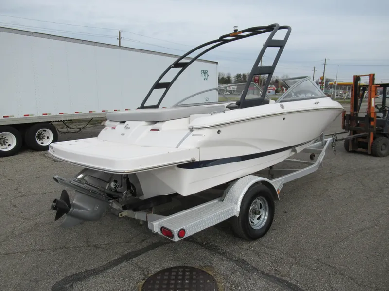 Slide: The Image of 2019 Regal 1900 ES Bowrider on trailer, rear view. - 1
