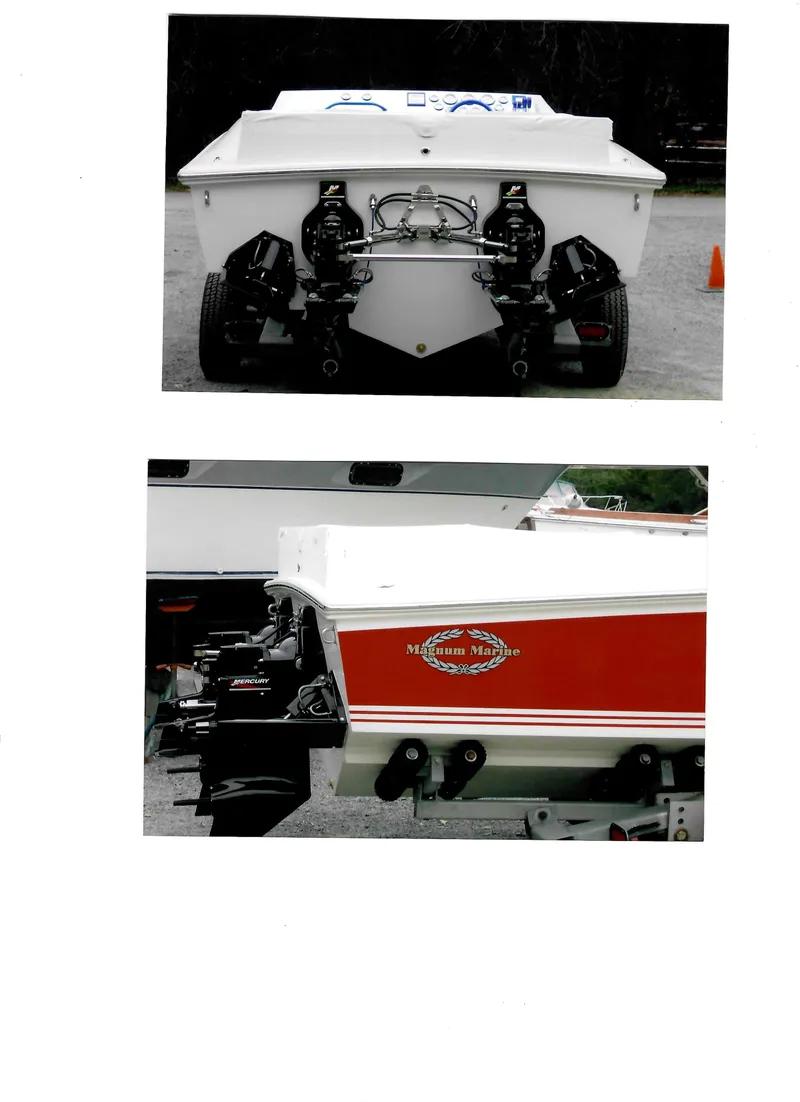 Slide: The Image of 1971 Magnum Sport boat, rear view, showcasing dual engines and red detailing. - 40