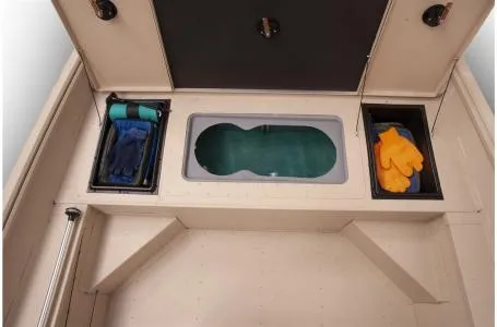 Slide: The Image of 2023 G3 Bay 17 boat storage compartments with gloves and fishing gear. - 3