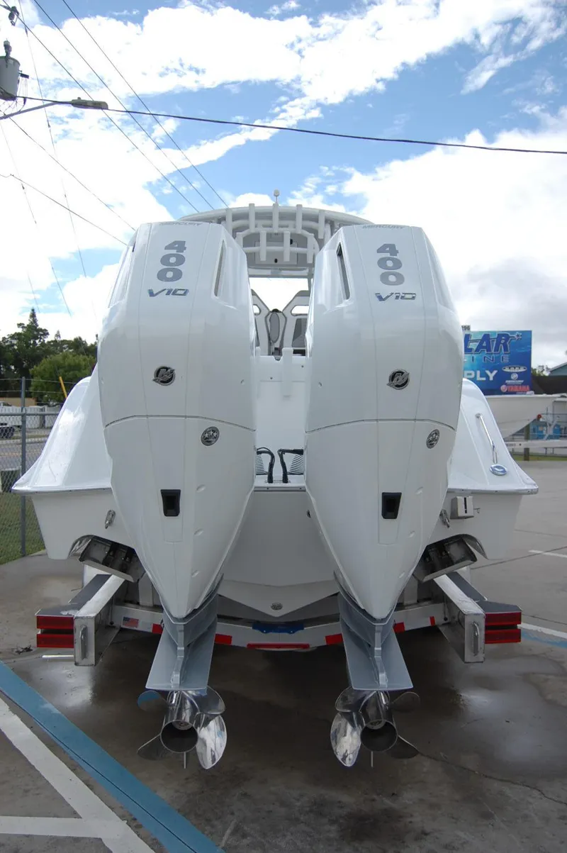 Slide: The Image of 2025 Cape Horn 34Xs boat with twin 400 V10 engines on a trailer. - 3