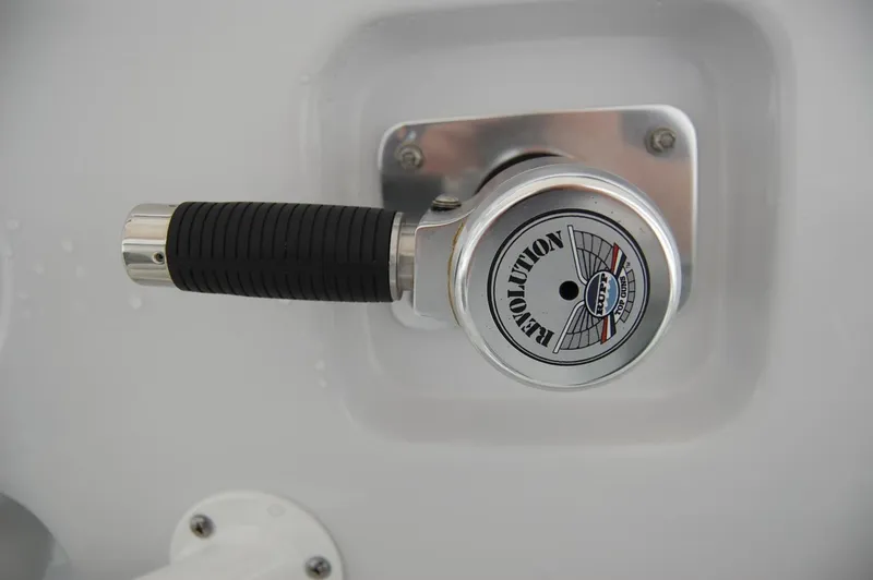 Slide: The Image of Close-up of Cape Horn 34Xs 2025 boat throttle control handle. - 17