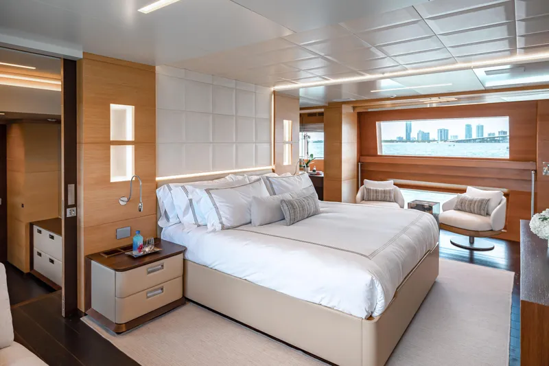 Slide: The Image of Luxurious bedroom on 2012 Benetti Classic Supreme 132 yacht with modern decor and ocean view. - 11