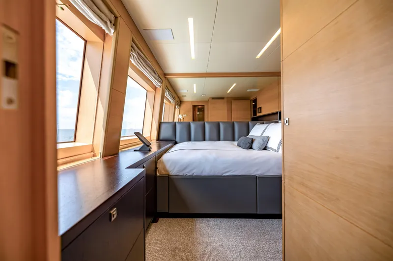 Slide: The Image of Luxurious bedroom interior on 2012 Benetti Classic Supreme 132 yacht, featuring modern design and large windows. - 29