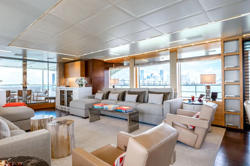 Slide: The Image of Luxurious interior of 2012 Benetti Classic Supreme 132 yacht with modern furnishings and city view. - 7