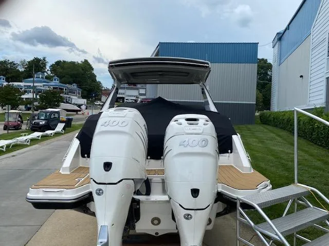 Slide: The Image of 2023 Sea Ray SLX 310 OB with twin 400 HP outboard engines. - 6