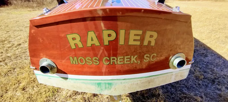 Slide: The Image of 1988 Hacker-Craft 30 Triple Cockpit boat with "Rapier" name, Moss Creek, SC. - 5