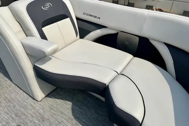 Slide: The Image of 2022 Barletta Corsa 21QC boat interior with luxurious seating and sleek design. - 25