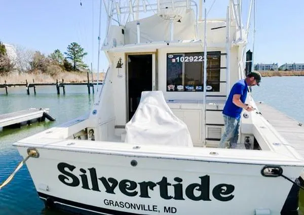 Slide: The Image of 1986 Viking 41 boat named Silvertide docked in Grasonville, MD. - 42
