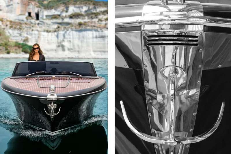Slide: The Image of Riva Iseo 2025 luxury boat on water with scenic cliffs in the background. - 10