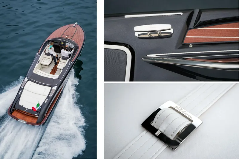 Slide: The Image of 2025 Riva Iseo luxury motorboat, detailed interior and exterior design, cruising on water. - 6