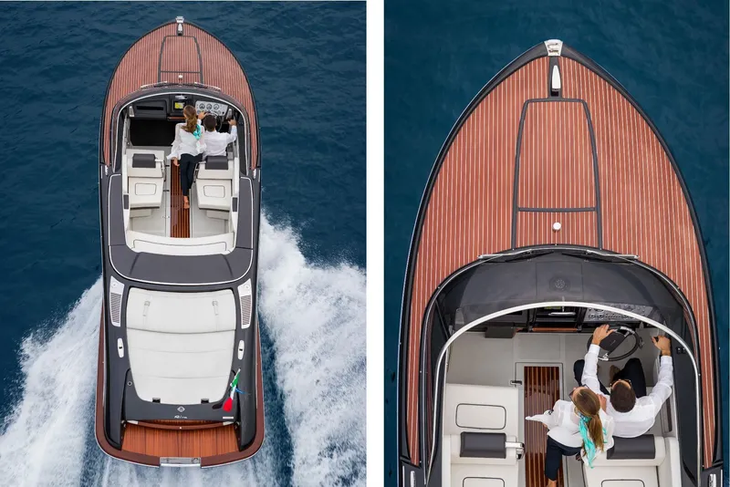 Slide: The Image of 2025 Riva Iseo luxury motorboat cruising on the ocean, top view. - 7