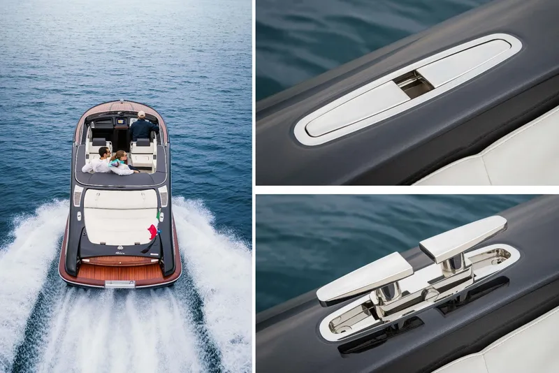 Slide: The Image of 2025 Riva Iseo luxury motorboat cruising on water, detailed close-ups of deck fittings. - 9