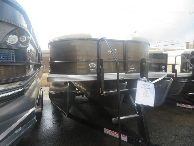 Slide: The Image of 2023 Crest Classic LX 240 SLC CPT pontoon boat on display. - 3