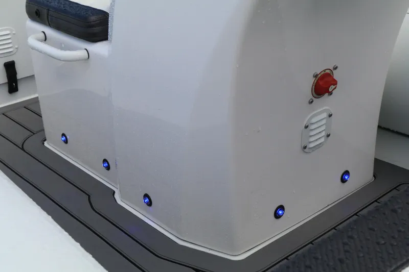 Slide: The Image of 2023 Highfield 390 Sport boat interior with LED lights and control panel. - 23