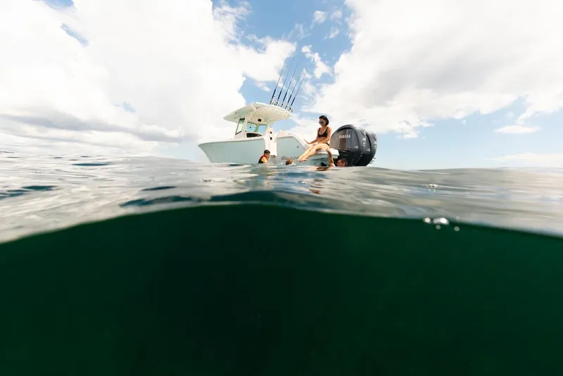 Slide: The Image of 2024 Sailfish 312 CC boat on open water, people enjoying a sunny day. - 23