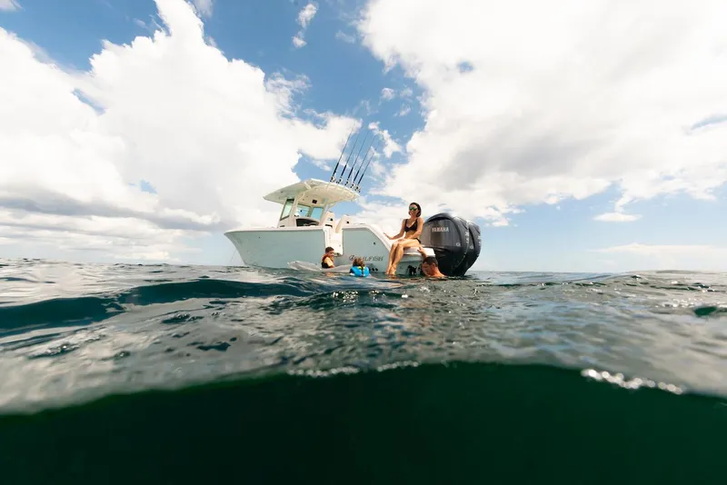 Slide: The Image of 2024 Sailfish 312 CC boat on open water, people enjoying sunny day. - 24