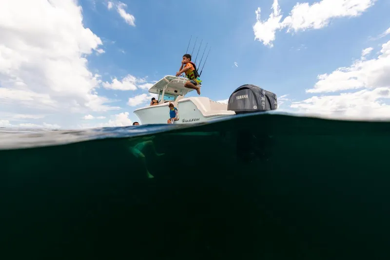 Slide: The Image of 2024 Sailfish 312 CC boat on water, people fishing under clear sky. - 30