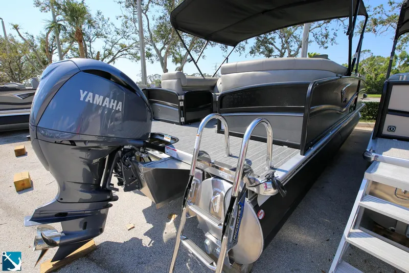 Slide: The Image of 2023 Premier 250 Intrigue RF pontoon boat with Yamaha outboard motor. - 3
