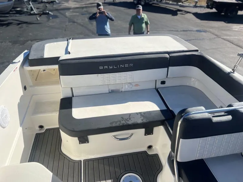Slide: The Image of 2019 Bayliner VR6 Bowrider I/O interior with seating and deck view. - 10