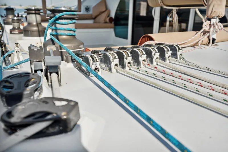 Slide: The Image of Close-up of sailing ropes and winches on a 1999 Technologie Marine Entincelle 60 yacht. - 46