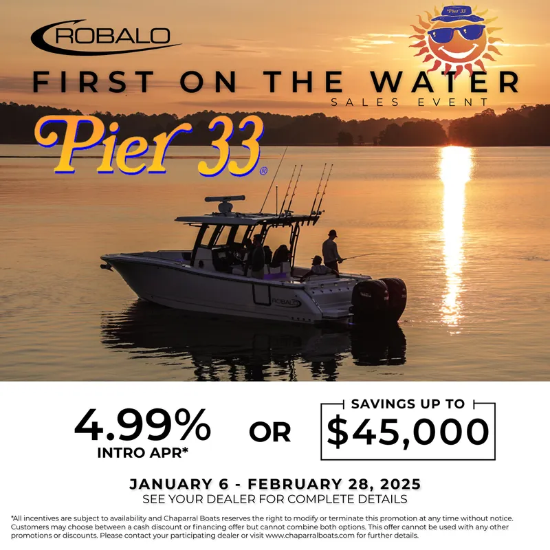 Slide: The Image of Robalo R230 Center Console boat at sunset, Pier 33 sales event promotion. - 1
