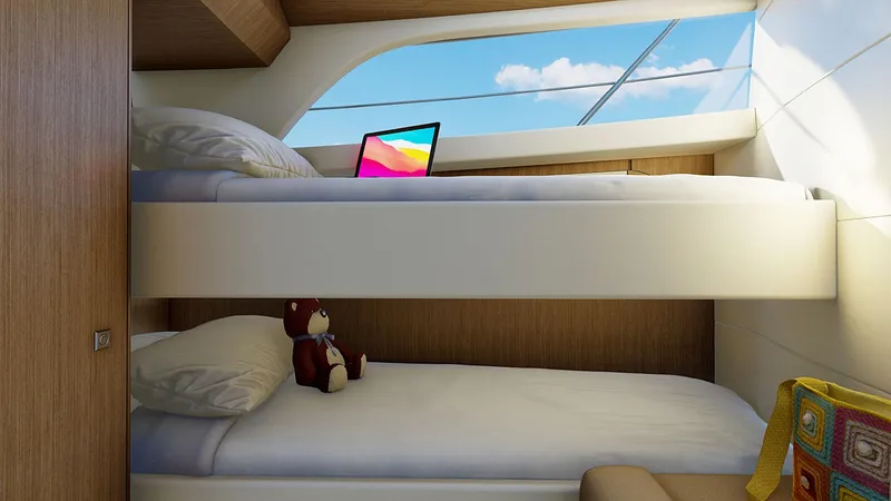 Slide: The Image of Modern 2025 Legacy 12 yacht cabin with bunk beds, teddy bear, and scenic window view. - 12