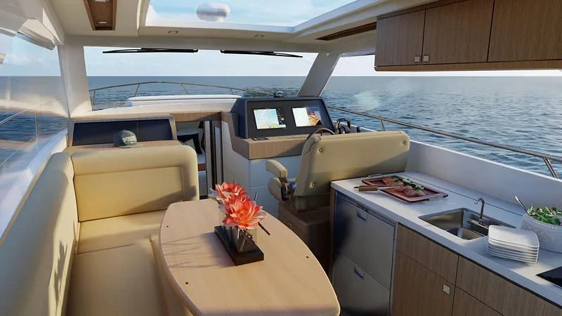 Slide: The Image of Luxurious 2025 Legacy 12 yacht interior with modern kitchen and ocean view. - 6