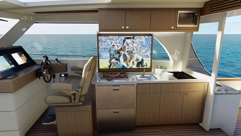 Slide: The Image of Luxurious Legacy 12 yacht interior with modern kitchen and ocean view, 2025 model. - 10