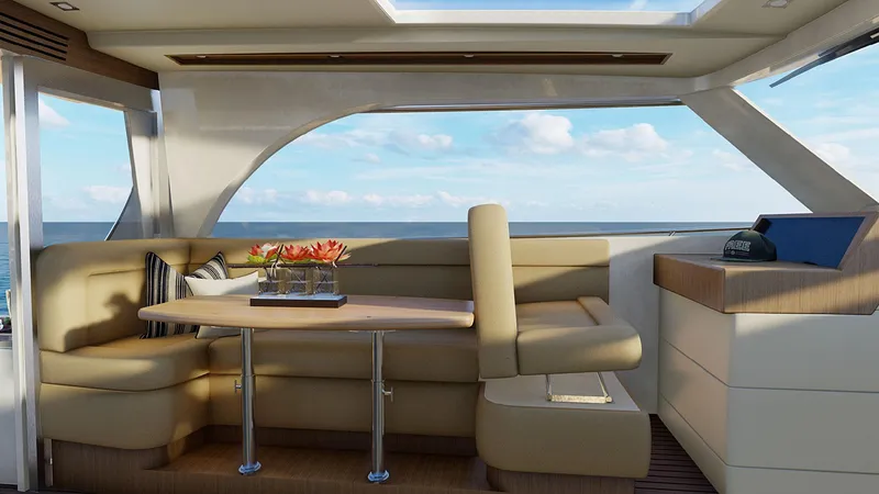 Slide: The Image of Luxurious interior of 2025 Legacy 12 yacht with ocean view and elegant seating area. - 8