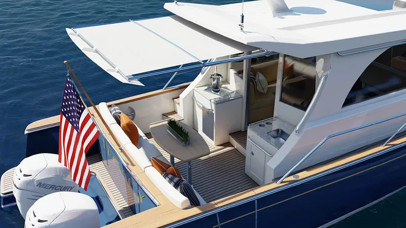 Slide: The Image of 2025 Legacy 12 yacht with American flag, dual Mercury engines, and spacious deck. - 4