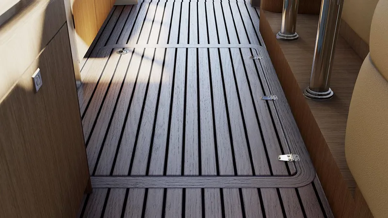 Slide: The Image of Luxury yacht interior with sleek wooden flooring, Legacy 12 model, 2025 design. - 13