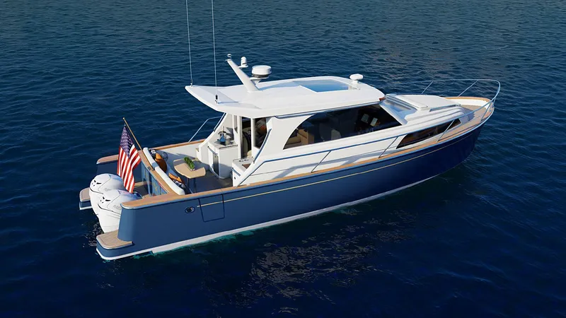 Slide: The Image of Legacy 12 yacht, 2025 model, cruising on open water with American flag. - 2