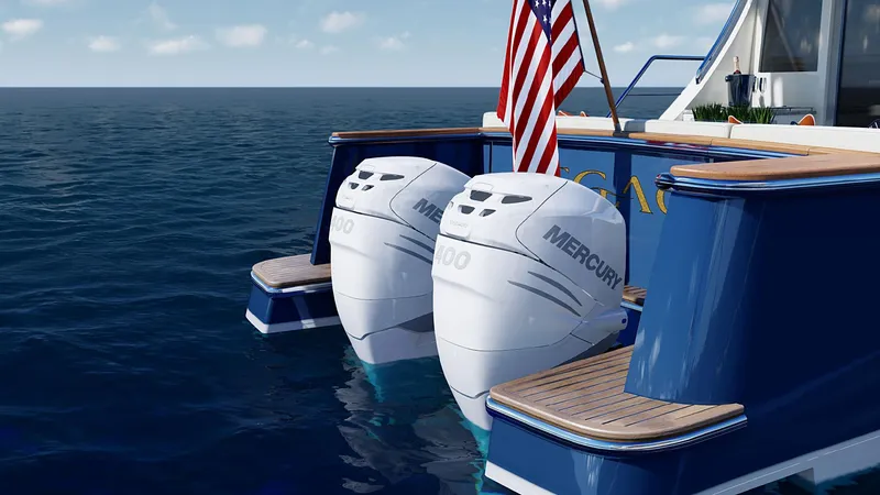 Slide: The Image of Twin Mercury outboard motors on a Legacy 12 yacht, 2025 model, with American flag. - 3