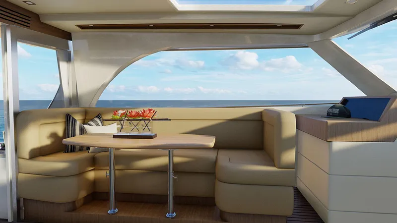 Slide: The Image of Luxurious interior of 2025 Legacy 12 yacht with ocean view and elegant seating area. - 7