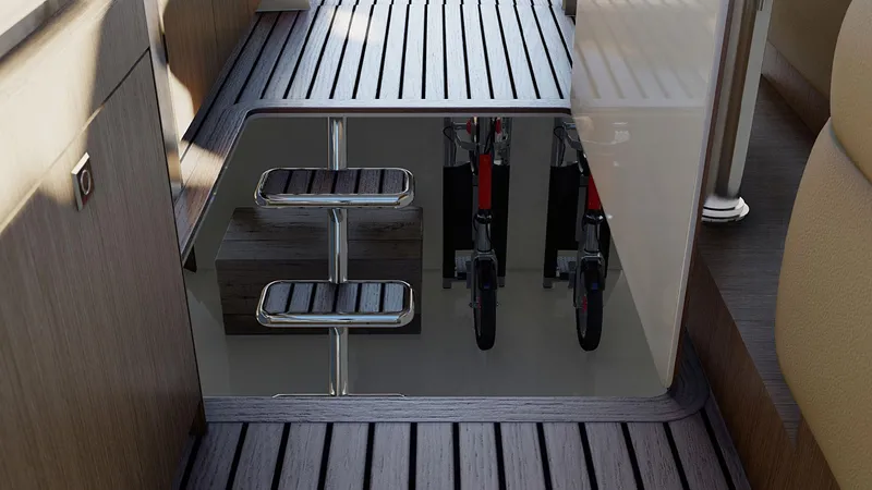 Slide: The Image of Interior of 2025 Legacy 12 yacht with sleek wooden flooring and modern design. - 14